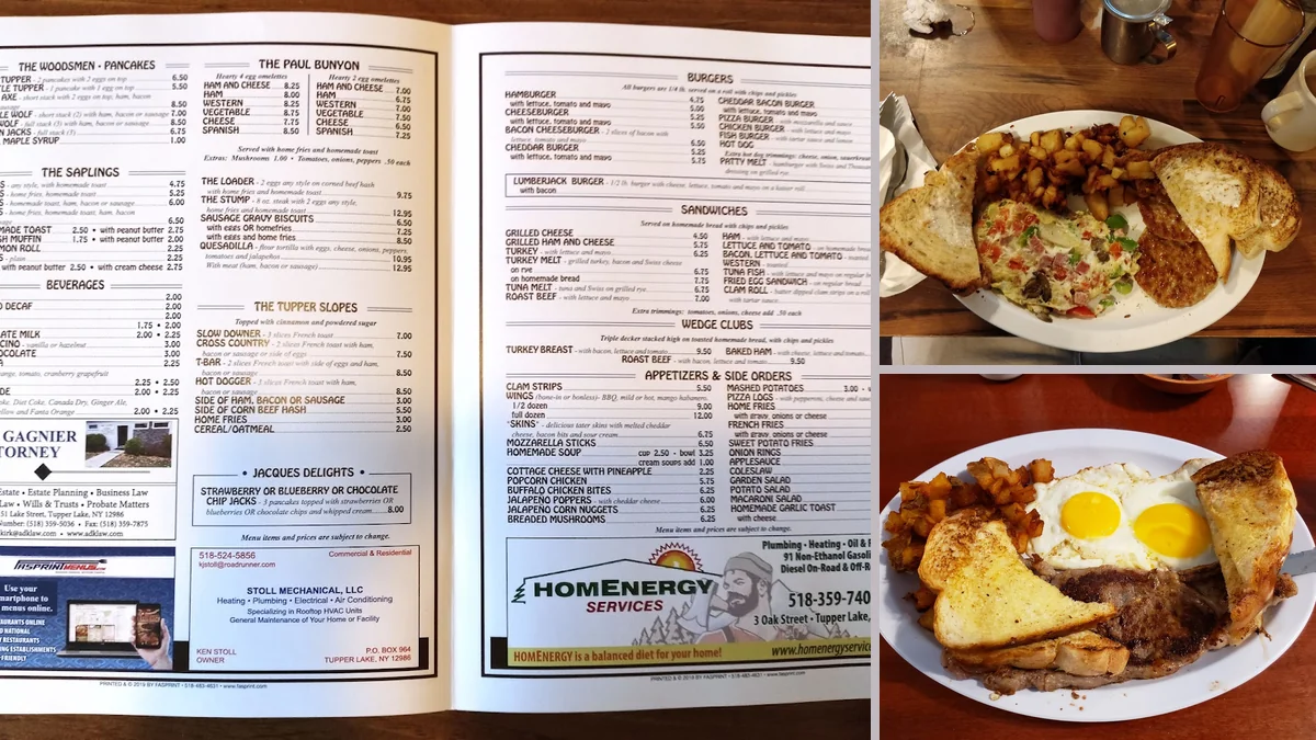 Hearty breakfast plates on a diner table